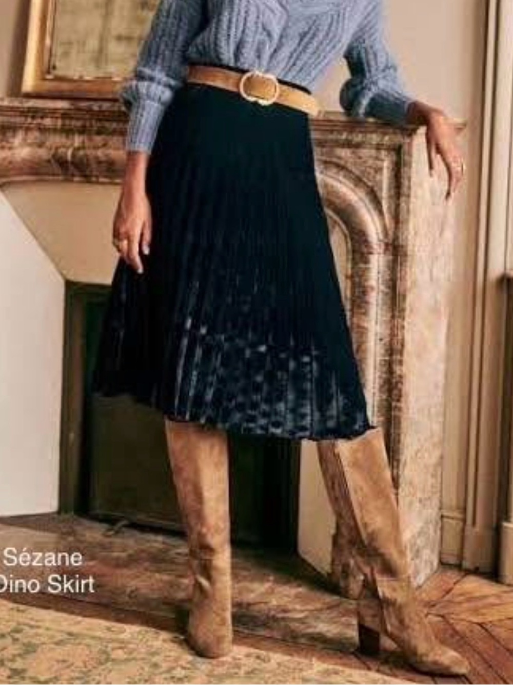 Sézane Dino Navy Velvet Pleated Midi Skirt 36